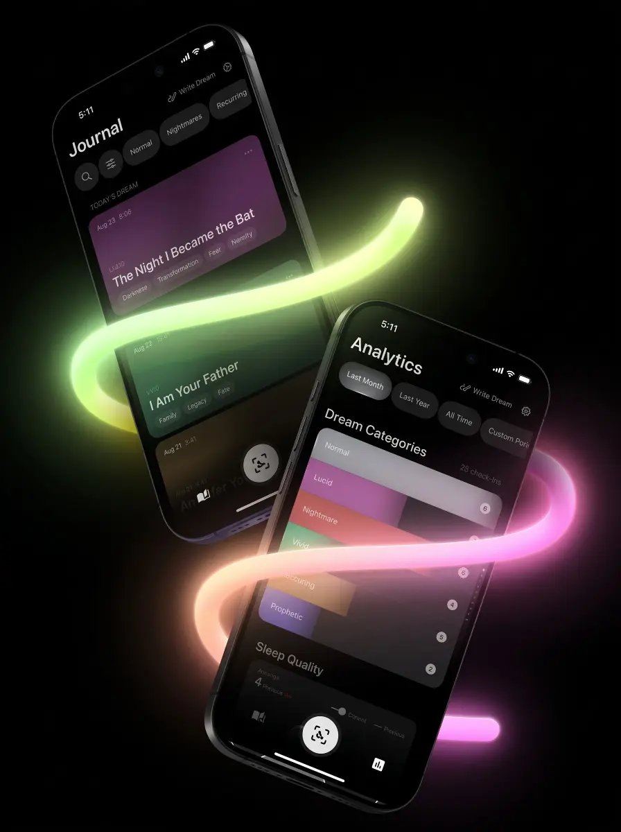 Dark mode mobile app UI mockups with glowing light trails showing Journal screens, dream analytics, and sleep quality metrics