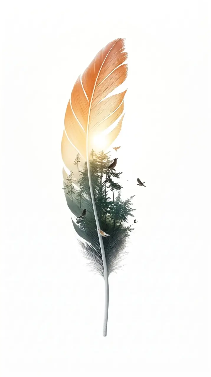 Double exposure feather containing pine forest and birds illustration for lightweight digital solutions